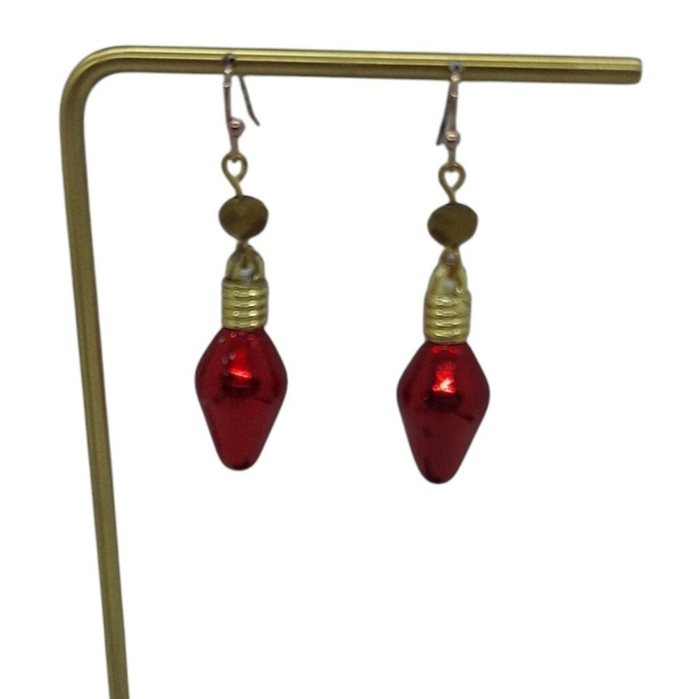 Christmas Ornament Earrings Red Christmas Light Bead Accent Fishhook Earwires